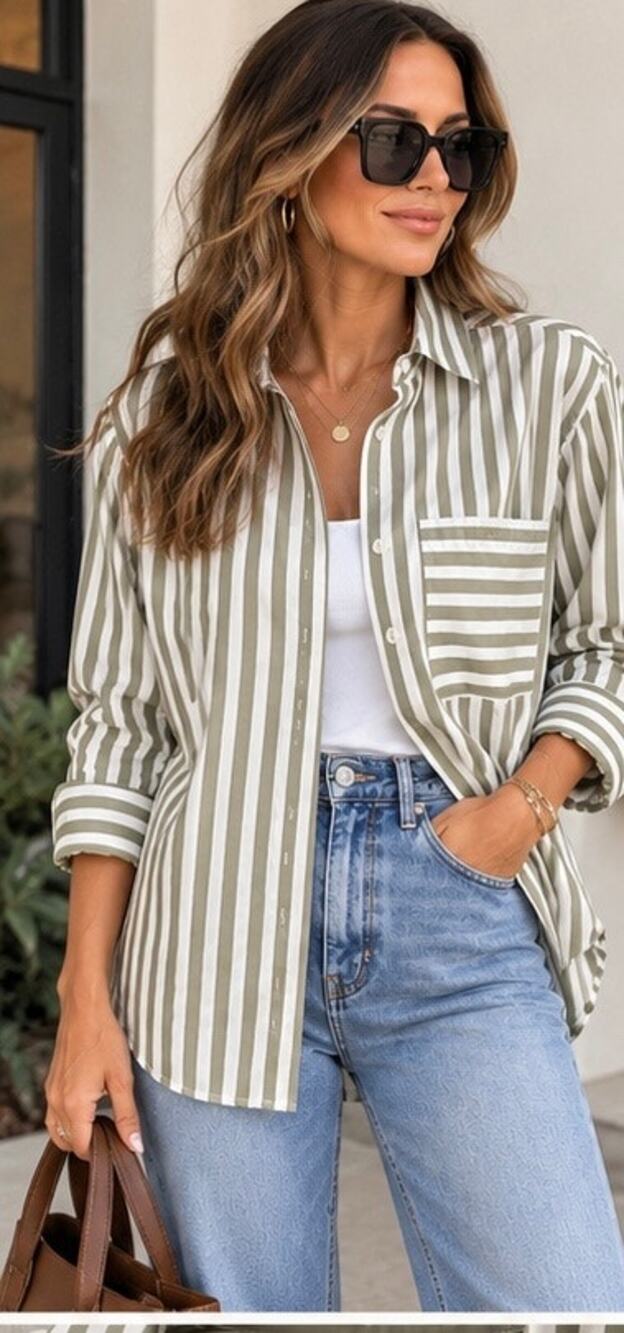 AYR NWOT Khaki Green Stripe Cotton Oversized Button Down Shirt S Pocket Blouse